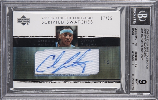 2003-04 UD "Exquisite Collection" Scripted Swatches #CA Carmelo Anthony Signed Rookie Card (#17/25) – BGS MINT 9/BGS 9